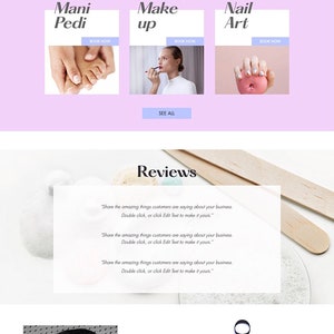 May include: Website homepage for Gloss Glamour, a beauty salon. The website features images of manicures, makeup, and nail art. The website also includes a section for reviews and a contact form.