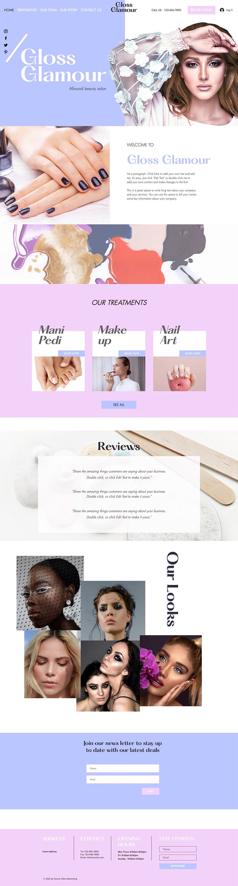 May include: Website homepage for Gloss Glamour, a beauty salon. The website features images of manicures, makeup, and nail art. The website also includes a section for reviews and a contact form.