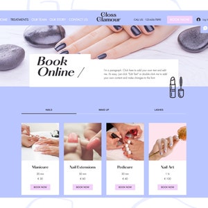 May include: Website for a beauty salon called Gloss Glamour. The website offers services such as manicures, pedicures, nail extensions, and nail art. The website also has a booking feature.