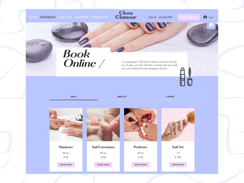 May include: Website for a beauty salon called Gloss Glamour. The website offers services such as manicures, pedicures, nail extensions, and nail art. The website also has a booking feature.
