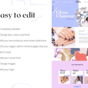 May include: Website mockup for a beauty salon called Gloss Glamour. The website features a purple and white color scheme with images of manicures, pedicures, and makeup. The text on the website includes the words "Gloss Glamour", "Welcome to", "Our Treatments", "Mani Pedi", "Make Up", and "Nail Art".