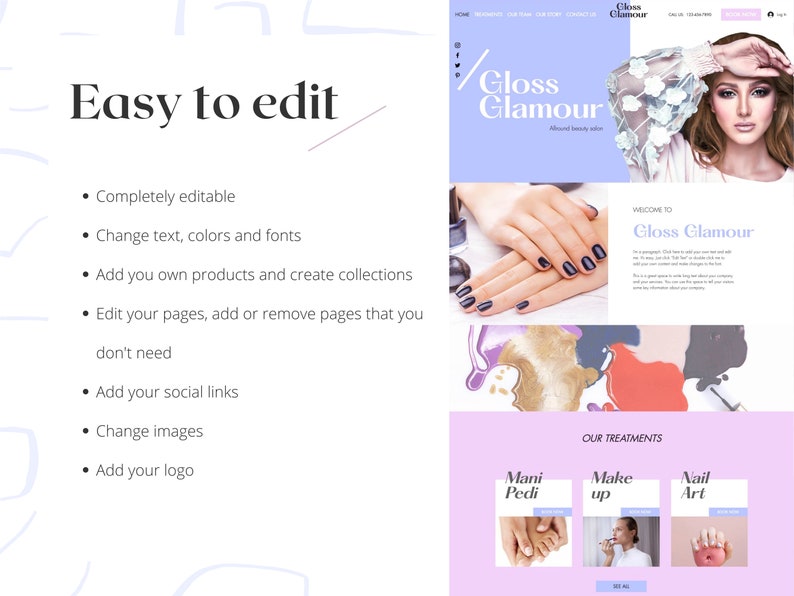 May include: Website mockup for a beauty salon called Gloss Glamour. The website features a purple and white color scheme with images of manicures, pedicures, and makeup. The text on the website includes the words "Gloss Glamour", "Welcome to", "Our Treatments", "Mani Pedi", "Make Up", and "Nail Art".