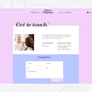 May include: A website for a beauty salon called Gloss Glamour. The website has a contact form, a photo of a makeup artist applying makeup to a client, and information about the salon's address and hours of operation.