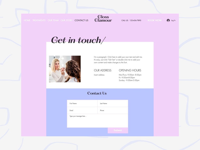 May include: A website for a beauty salon called Gloss Glamour. The website has a contact form, a photo of a makeup artist applying makeup to a client, and information about the salon's address and hours of operation.