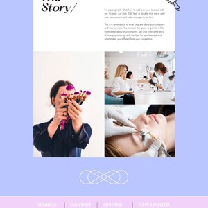 May include: A website for a beauty salon called Gloss Glamour. The website features a pink and blue color scheme and includes information about the salon's services, contact information, and opening hours. The website also has a section for customers to stay updated on the salon's latest news and promotions.