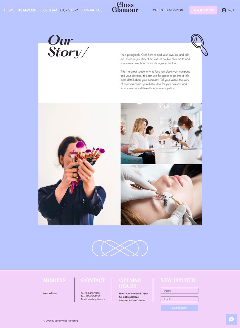 May include: A website for a beauty salon called Gloss Glamour. The website features a pink and blue color scheme and includes information about the salon's services, contact information, and opening hours. The website also has a section for customers to stay updated on the salon's latest news and promotions.