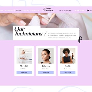May include: Website homepage for Gloss Glamour, a nail salon. The page features a photo of a hand receiving a manicure, and a section titled "Our Technicians" with photos and names of three nail technicians: Meredith, Rebecca, and Sophie. Each technician's photo is accompanied by a "Book Now" button.