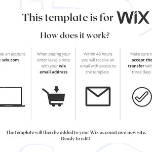 May include: A graphic illustration showing the steps to purchase and receive a Wix website template. The steps include creating an account on wix.com, placing an order and leaving a note with your Wix email address, receiving an email with access to the template within 48 hours, and accepting the transfer within three days.
