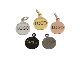 Logotipo grabado láser personalizado de 10 mm, etiqueta con logotipo personalizado, etiquetas de metal para joyería, dijes con logotipo para joyería, etiquetas de latón, accesorios para etiquetas de joyería