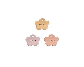 11mm Custom Laser Engraved Logo, 5 Petal Flower. Custom Jewelry Tag, Round Disc, Custom Logo Charm, Metal Jewelry Tags, Brass Tags,