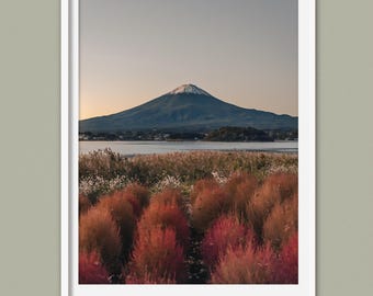 Può includere: Una stampa incorniciata di un paesaggio con il Monte Fuji innevato. In primo piano, piante rosse e marroni vibranti, un lago e alberi lontani. Il cielo passa dal giallo tenue al blu pallido.