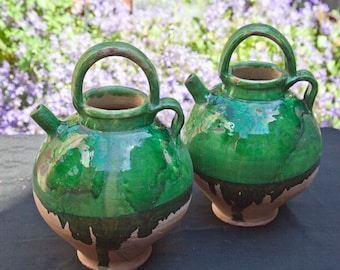 Pair of French Original, Handmade Confit / Storage / Water Jugs - Terracotta Base with Green Upper Glaze