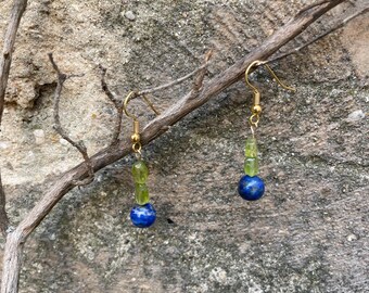 Minimalist Peridot and Lapis Lazuli Earrings Stainless Steel Hooks Christmas Lithotherapy Gift Idea