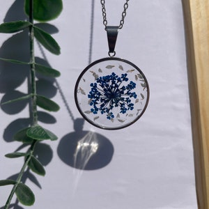 Dried flower necklace blue flower wild carrot gift idea for women