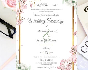 May include: A wedding invitation with a gold frame and floral accents. The invitation features the names Muhammad Ali and Sumaiya Zahra, the date May 25, 2021, and the location YOUR VILLA, 401 YOUR CITY, YOUR DISTRIC, YOUR COUNTRY. The invitation also includes the text "Please Join us to celebrate Wedding Ceremony of" and "reception to follow".