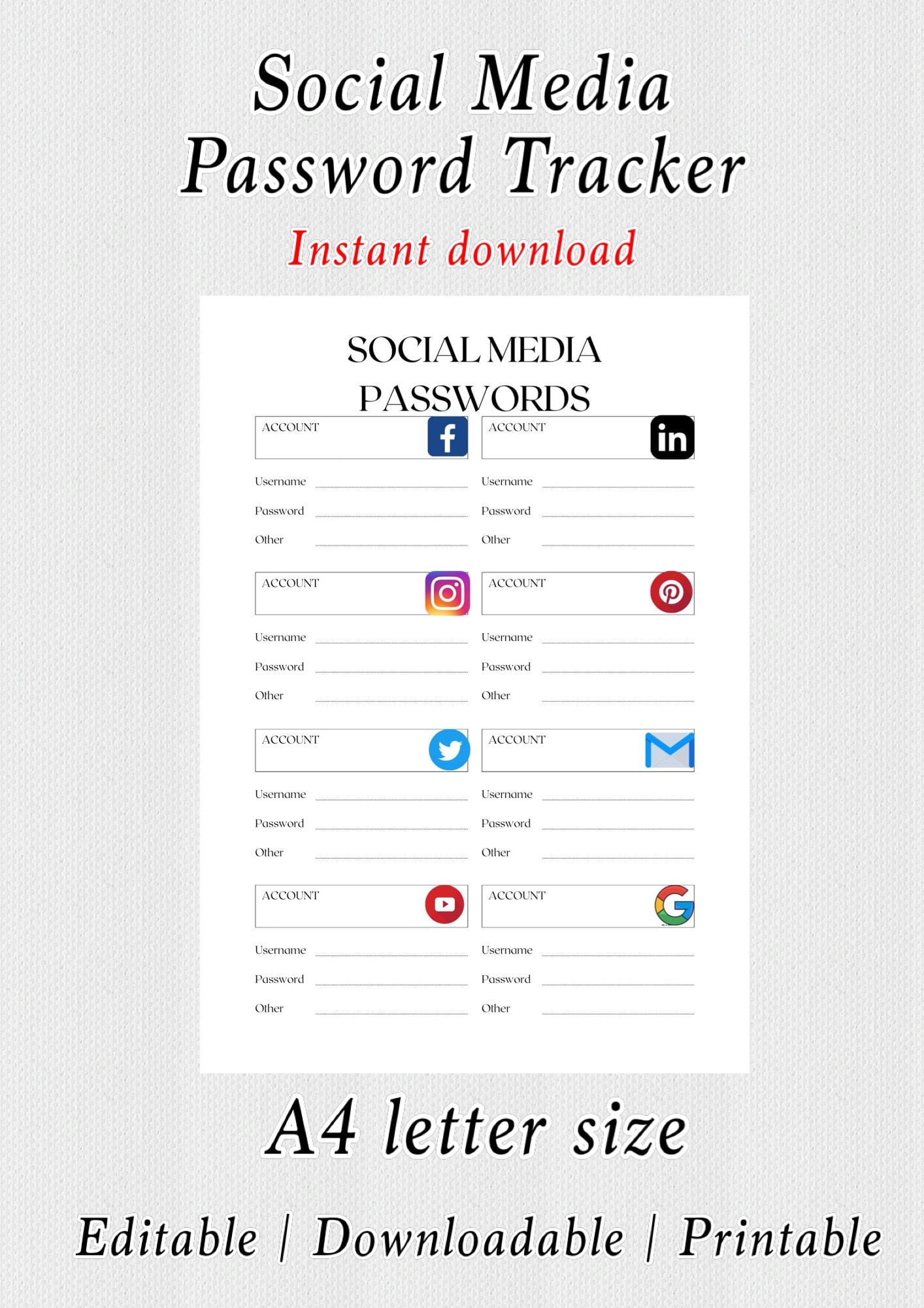 Social Media Password Tracker Password Organizer Sheet Editable