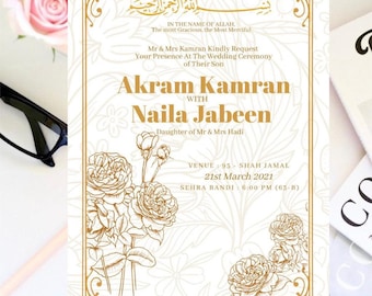 May include: A gold wedding invitation with a floral design. The invitation reads "Akram Kamran with Naila Jabeen" and includes the date and time of the wedding ceremony. The venue is Shah Jamal, 95. The wedding is on March 21st, 2021 at 6:00 PM.