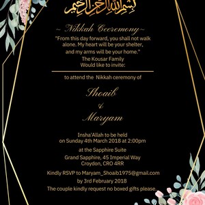 Puede incluir: Caligraf&iacute;a dorada sobre fondo negro con acentos florales. El texto dice "Bismillah Al Rahman Al Raheem" y "Ceremonia Nikkah". La invitaci&oacute;n es para una ceremonia de boda para Shoaib y Maryam el domingo 4 de marzo de 2018 a las 2:00 pm en la Sapphire Suite, Grand Sapphire, 45 Imperial Way, Croydon, CRO 4RR. RSVP antes del 3 de febrero de 2018.
