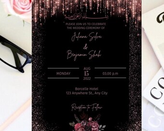 Rose Gold Glitter Wedding Invitation | Nikkah Invitation | Muslim Wedding Invitation | Valima Invitation | Islamic Engagement Invitation