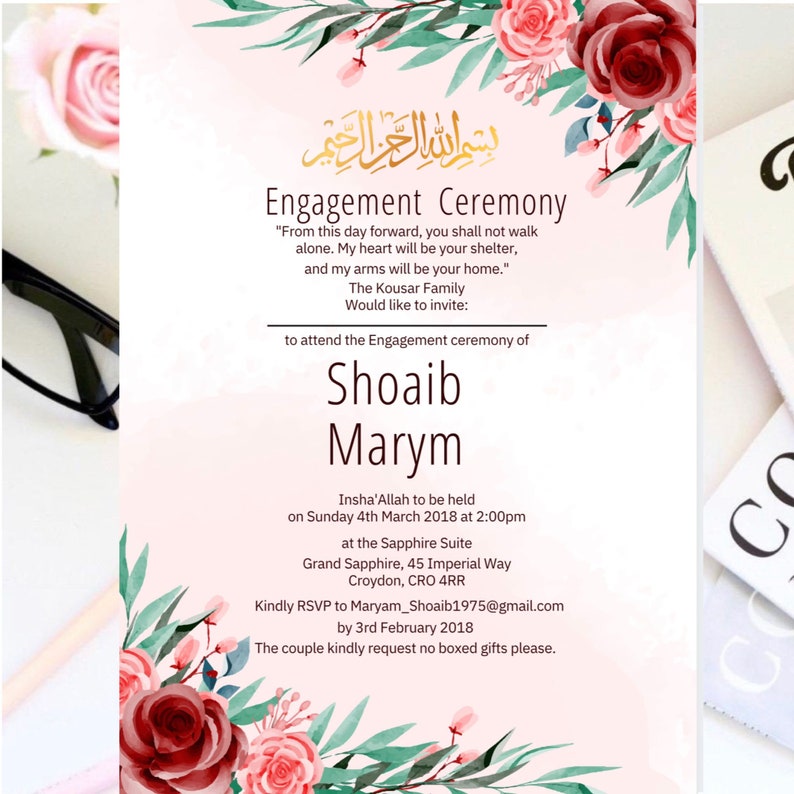 Puede incluir: Una invitaci&oacute;n a una ceremonia de compromiso con dise&ntilde;os florales rosas y verdes. La invitaci&oacute;n es para Shoaib y Marym, y se celebrar&aacute; el domingo 4 de marzo de 2018 a las 2:00 PM en la Sapphire Suite, Grand Sapphire, 45 Imperial Way, Croydon, CRO 4RR. Confirma tu asistencia antes del 3 de febrero de 2018.