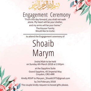 Puede incluir: Una invitaci&oacute;n a una ceremonia de compromiso con decoraciones florales. La invitaci&oacute;n es para Shoaib y Marym, y se celebrar&aacute; el domingo 4 de marzo de 2018 a las 2:00 PM en la Sapphire Suite, Grand Sapphire, 45 Imperial Way, Croydon, CRO 4RR. Confirma tu asistencia antes del 3 de febrero de 2018.