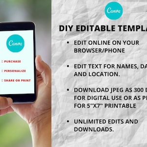 Puede incluir: La pantalla de un tel&eacute;fono que muestra la aplicaci&oacute;n Canva con las opciones de comprar, personalizar y compartir o imprimir. El texto "DIY EDITABLE TEMPLATE" se muestra encima del tel&eacute;fono, junto con instrucciones para editar y descargar la plantilla.