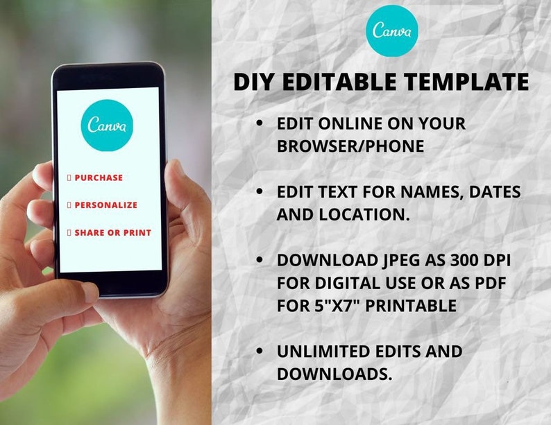 Puede incluir: La pantalla de un tel&eacute;fono que muestra la aplicaci&oacute;n Canva con las opciones de comprar, personalizar y compartir o imprimir. El texto "DIY EDITABLE TEMPLATE" se muestra encima del tel&eacute;fono, junto con instrucciones para editar y descargar la plantilla.