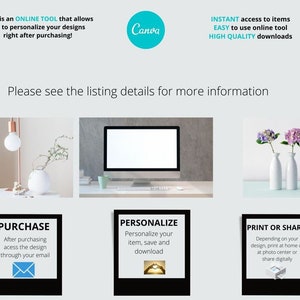 Puede incluir: Una ilustraci&oacute;n digital que muestra los pasos para comprar, personalizar e imprimir o compartir un dise&ntilde;o usando Canva. La ilustraci&oacute;n incluye una pantalla de computadora, un jarr&oacute;n con flores y una l&aacute;mpara con una bombilla.