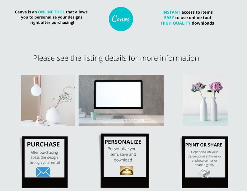 Puede incluir: Una ilustraci&oacute;n digital que muestra los pasos para comprar, personalizar e imprimir o compartir un dise&ntilde;o usando Canva. La ilustraci&oacute;n incluye una pantalla de computadora, un jarr&oacute;n con flores y una l&aacute;mpara con una bombilla.