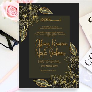 May include: A black and gold wedding invitation with floral designs. The invitation reads "In the name of Allah, the most Gracious, the most Merciful."  It announces the Nikkah ceremony of Akram Kamran and Naila Jabeen on March 21st, 2021 at 95 Shah Jamal.