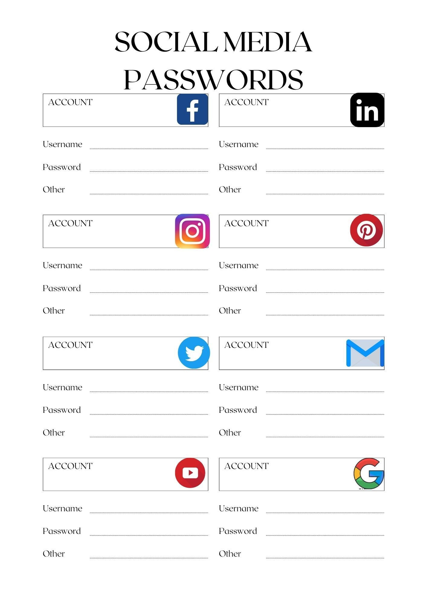 Social Media Password Tracker Password Organizer Sheet Editable
