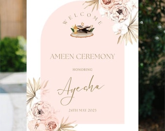 Signo de bienvenida de la ceremonia de Ameen / Decoración de Ameen / Signo de bienvenida de Ameen Mubarak / Plantilla editable / Descargable / Imprimible