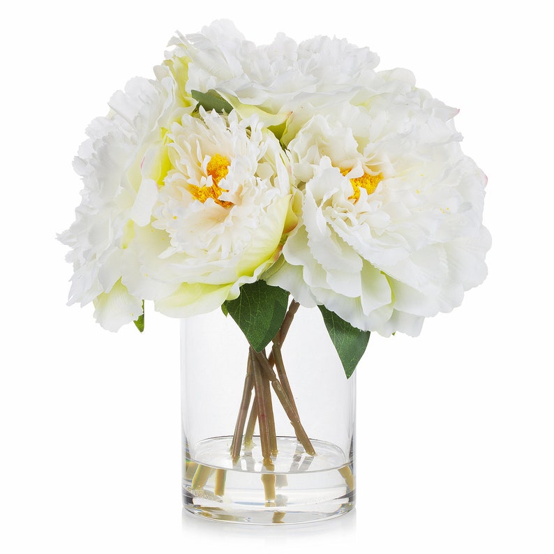 Enova Floral Silk Peony Artificial Flower Arrangement in Clear Glass Vase with Faux Water Fake Bouquet Centerpiece For Home Wedding Decor image 5