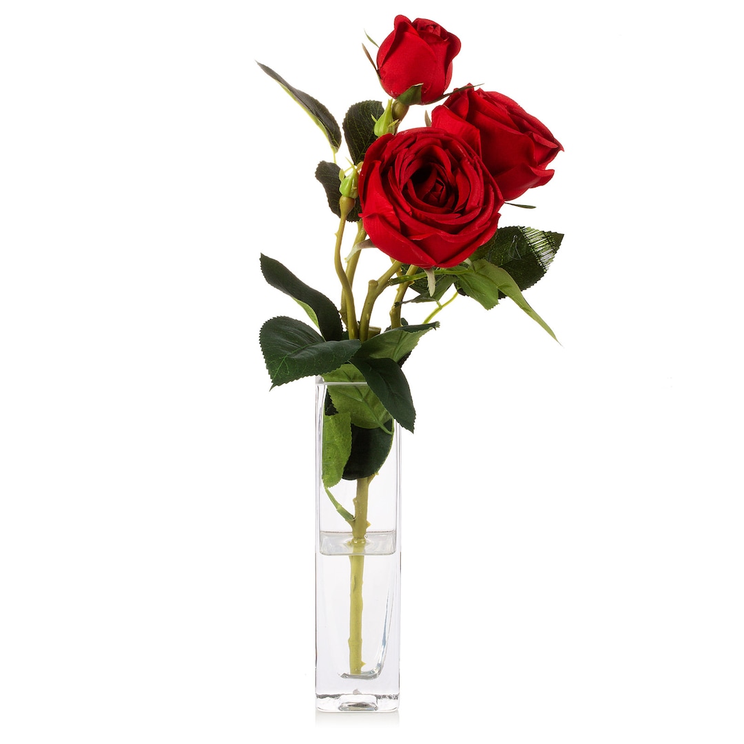 Artificial Silk Rose Flower Arrangement in Clear Glass Vase With