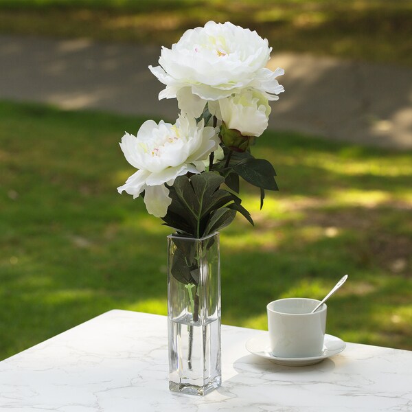 Silk Peony Flower in Clear Rectangular Glass Vase with Acrylic Water, Artificial Flower Arrangement, Faux Peony in Vase, Floral Centerpiece