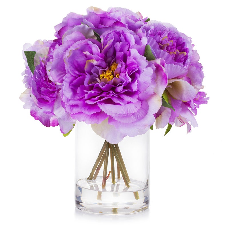 Enova Floral Silk Peony Artificial Flower Arrangement in Clear Glass Vase with Faux Water Fake Bouquet Centerpiece For Home Wedding Decor image 8