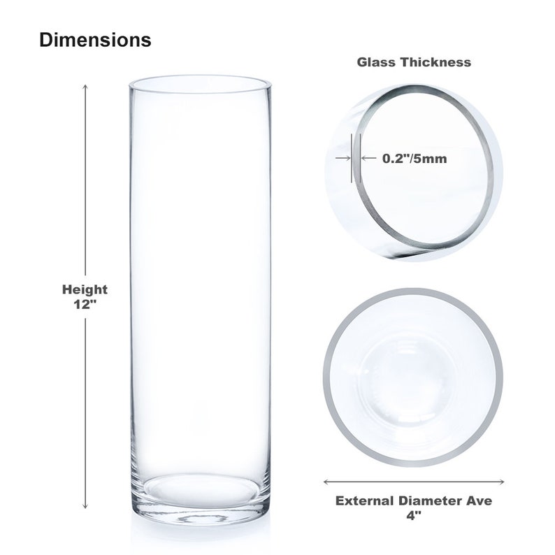 Clear Glass Cylinder Vase 4 inches Diameter and Different Height for Wedding Centerpieces, Home Office décor, Round Vase for Flowers 4"Wx 12" Height inches