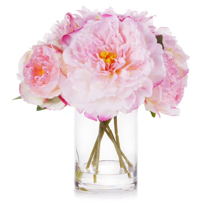 Enova Floral Silk Peony Artificial Flower Arrangement in Clear Glass Vase with Faux Water Fake Bouquet Centerpiece For Home Wedding Decor image 2