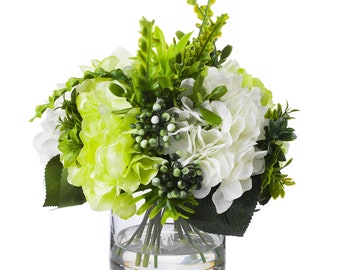 Enova Floral Mixed Artificial Silk Hydrangea Flower Arrangement in Clear Glass Vase Faux Hydrangea Flower Centerpiece For Home Wedding Decor