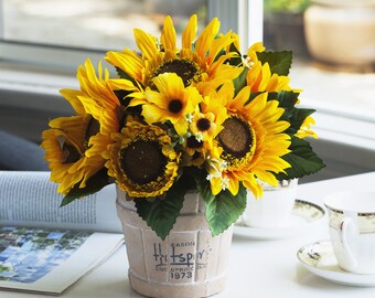 Enova Floral Mixed Artificial Sunflower Arrangement in Pot Faux Sunflower Centerpiece Farmhouse Decoration Silk Sunflower Arrangement