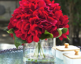 Large Artificial Hydrangea Flower Arrangement in Round Glass Vase with Faux Water, Fake Floral Centerpiece, Home Party Wedding Decoration