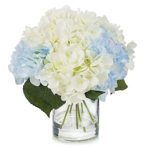 Enova Floral Artificial Flowers Silk Hydrangea Arrangement in Glass Vase With Faux Water Fake Stems Realistic Centerpiece Home Wedding Decor image 2