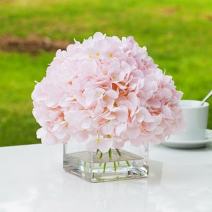 Silk Hydrangea Flower in Glass Vase with Faux Water- Artificial Flower Arrangement- Fake Flower Centerpiece- Faux Hydrangea- Home Wedding