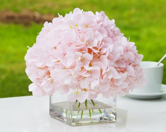 Silk Hydrangea Flower in Glass Vase with Faux Water- Artificial Flower Arrangement- Fake Flower Centerpiece- Faux Hydrangea- Home Wedding