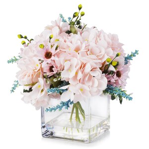 Enova Floral Mixed Artificial Silk Hydrangea Flower Arrangement in Glass Vase With Faux Water Realistic Fake Flower Centerpiece Decoration image 6