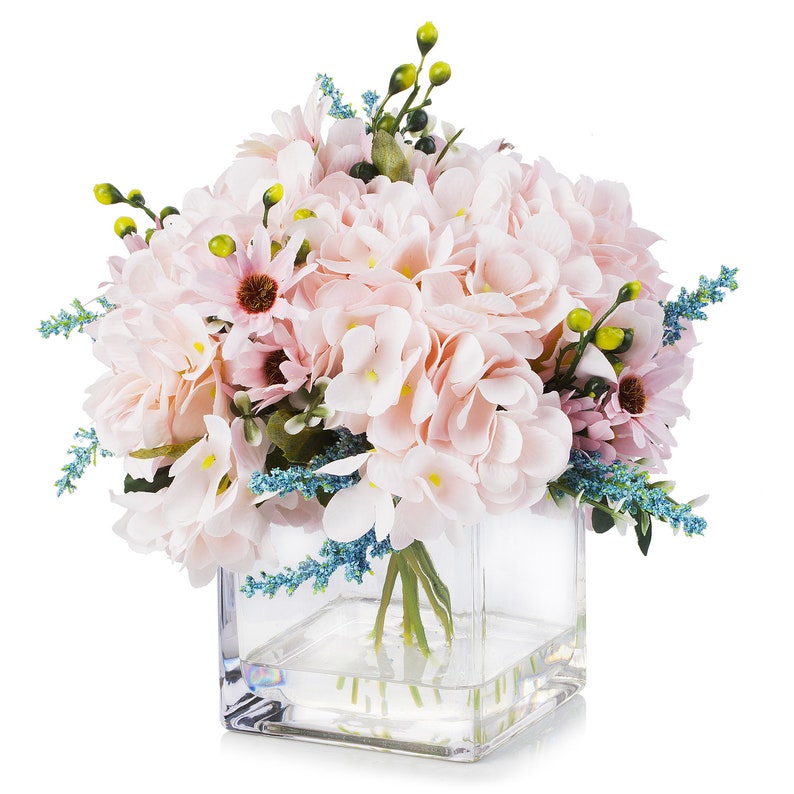 Enova Floral Mixed Artificial Silk Hydrangea Flower Arrangement in Glass Vase With Faux Water Realistic Fake Flower Centerpiece Decoration image 6