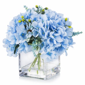 Enova Floral Mixed Artificial Silk Hydrangea Flower Arrangement in Glass Vase With Faux Water Realistic Fake Flower Centerpiece Decoration image 2