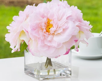 Enova Floral Silk Peony Arrangement in Glass Vase With Faux Water-Artificial Flower Arrangement-Fake Floral Centerpiece- Home Wedding Decor