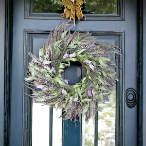 Mixed Lavender Wreath 24’’ Wildflower Spring Summer Artificial Silk Wreath for Front Door Home Wall Wedding Festival Farmhouse Holiday Decor