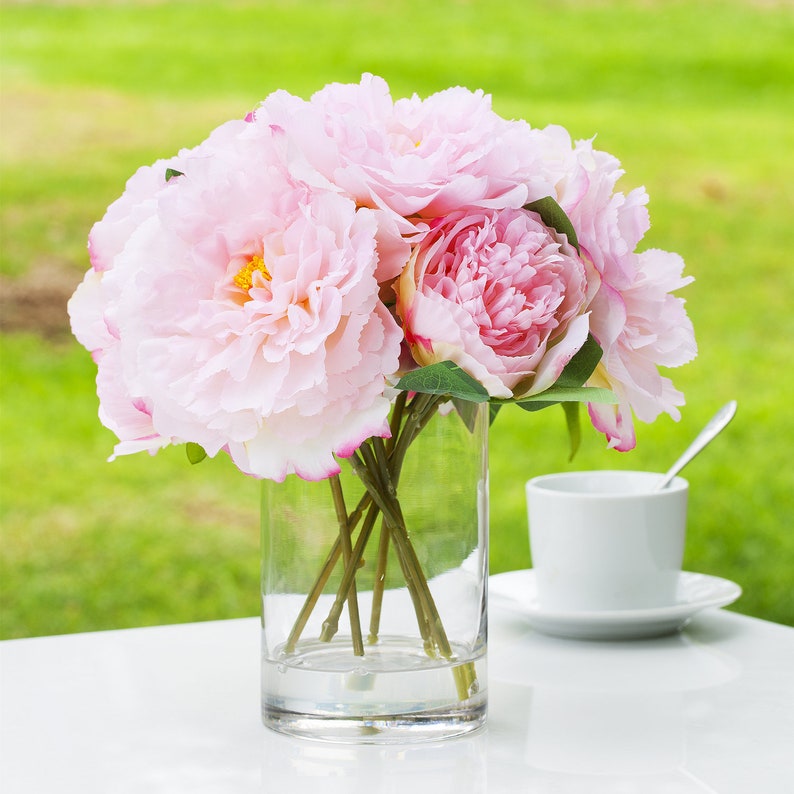 Enova Floral Silk Peony Artificial Flower Arrangement in Clear Glass Vase with Faux Water Fake Bouquet Centerpiece For Home Wedding Decor image 1